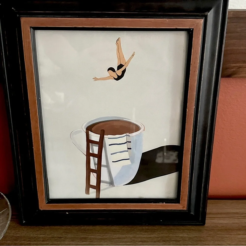 Coffee Diver Canvas Art Print Black Wood Framed Wall Art Coffee Mug Swimmer Art